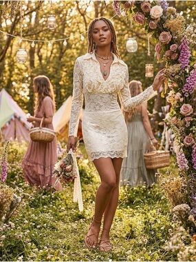 Sentimental NY Cream Lace Ruffle Mini Dress Small S Bridal Shower USA Made